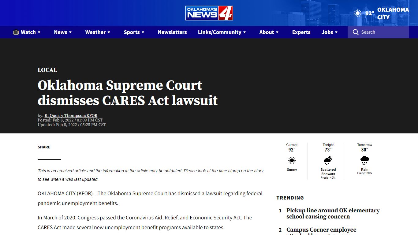 Oklahoma Supreme Court dismisses CARES Act lawsuit